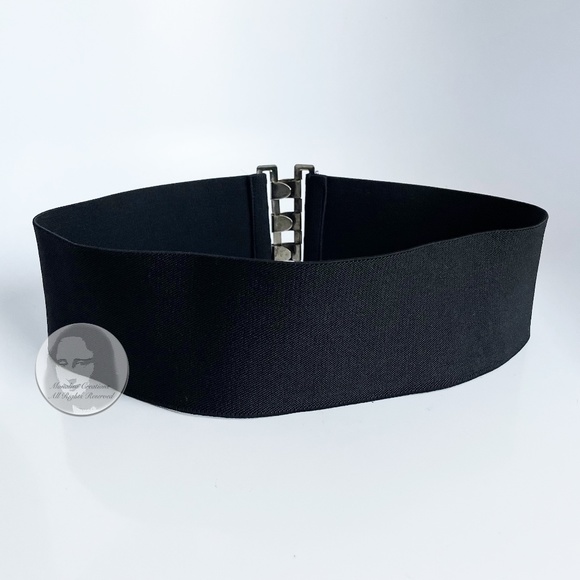 Wide Belt with Abstract Silver Metal Clasp Black Stretch Belt Strap Vintage main image 4